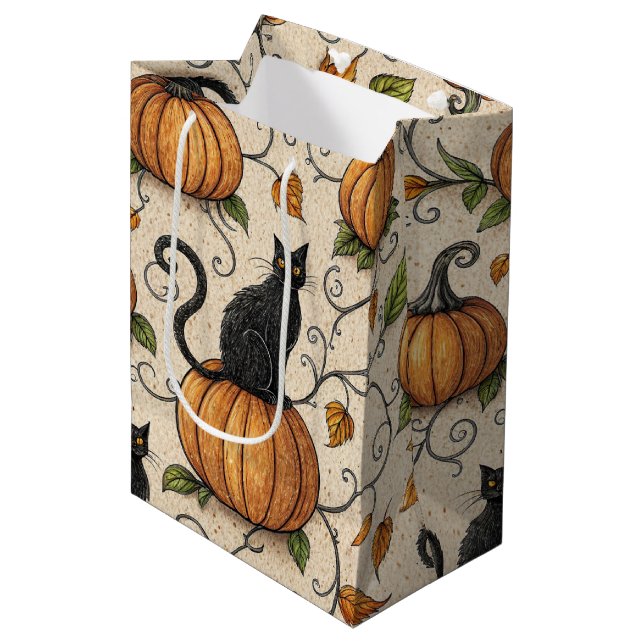 Bolsa De Regalo Mediana Patrón de Halloween de gatos negros y calabazas (Angulo Anverso)