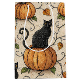 Bolsa De Regalo Mediana Patrón de Halloween de gatos negros y calabazas