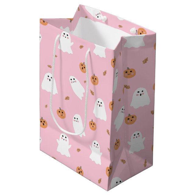 Bolsa De Regalo Mediana Patrón de Halloween Rosa de Fantasma y Calabaza (Angulo Anverso)