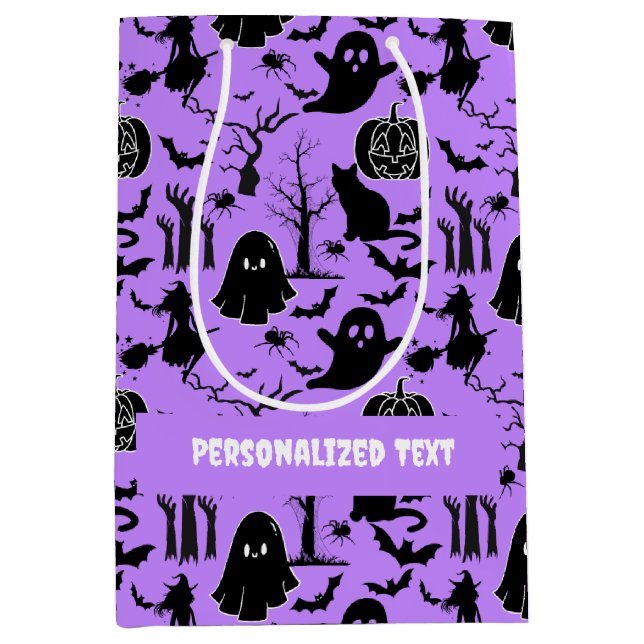 Bolsa De Regalo Mediana Patrón de Halloween. Sombrío y lindo.b L Purple BG (Anverso)