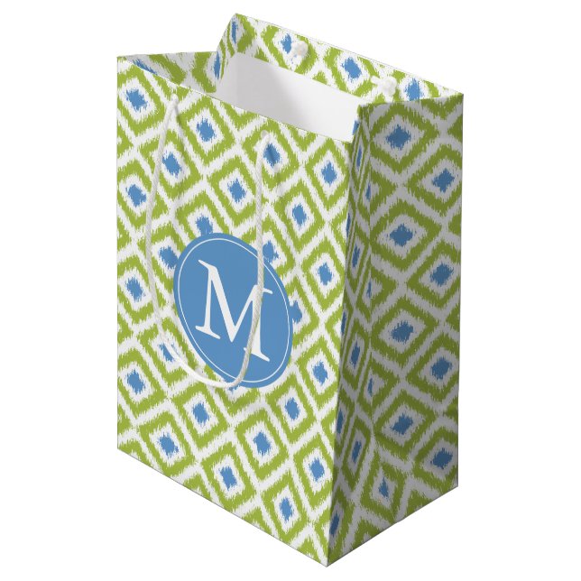 Bolsa De Regalo Mediana Patrón de Ikat azul verde monogramado (Angulo Anverso)