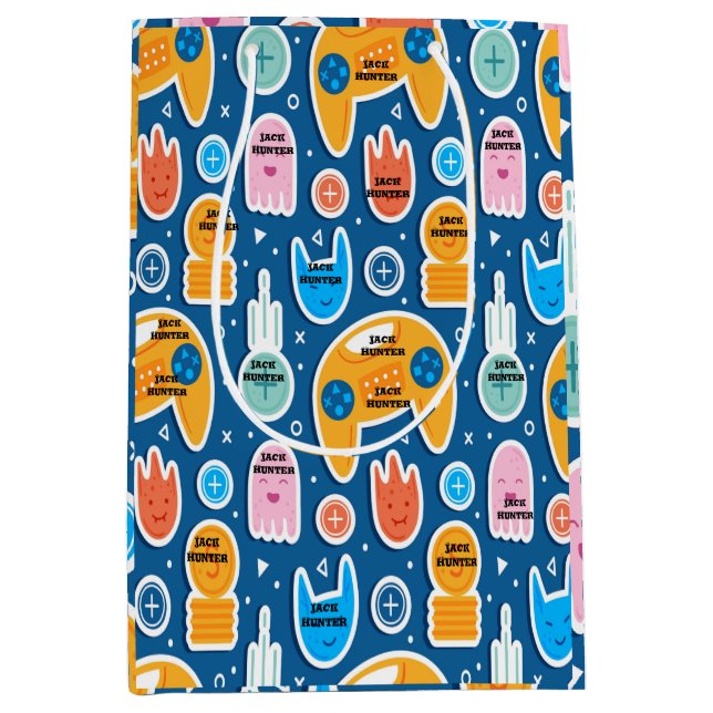 Bolsa De Regalo Mediana Patrón de juego de video azul Cumpleaños personali (Anverso)