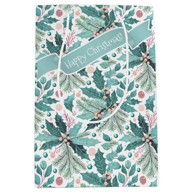Bolsa De Regalo Mediana Patrón de los Navidades verde azulados Holly Berri (Anverso)