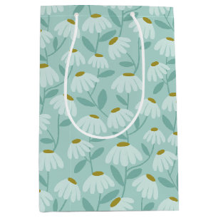 Bolsa De Regalo Mediana Patrón de margaritas florales azul teal y verde ol