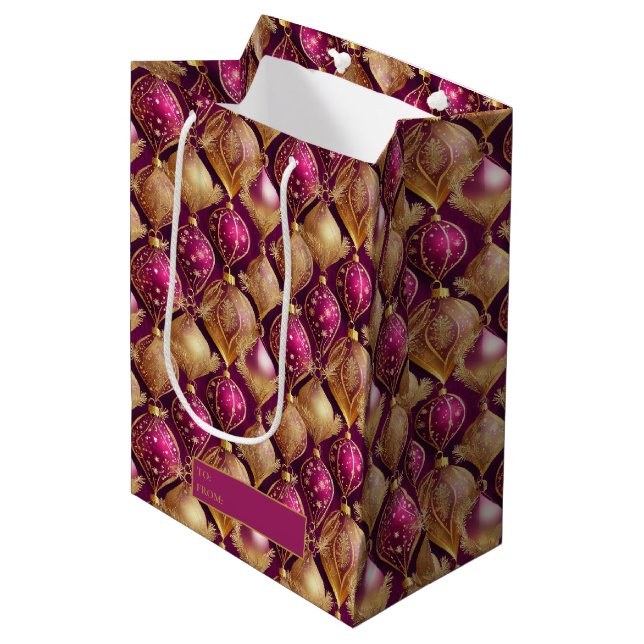 Bolsa De Regalo Mediana Patrón de Navidades de oro magenta#12 ID1009 (Angulo Anverso)