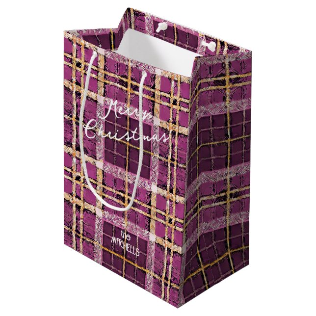 Bolsa De Regalo Mediana Patrón de Navidades de oro magenta#7 ID1009 (Angulo Anverso)