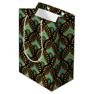 Bolsa De Regalo Mediana Patrón de oro y azul Art Deco sobre negro