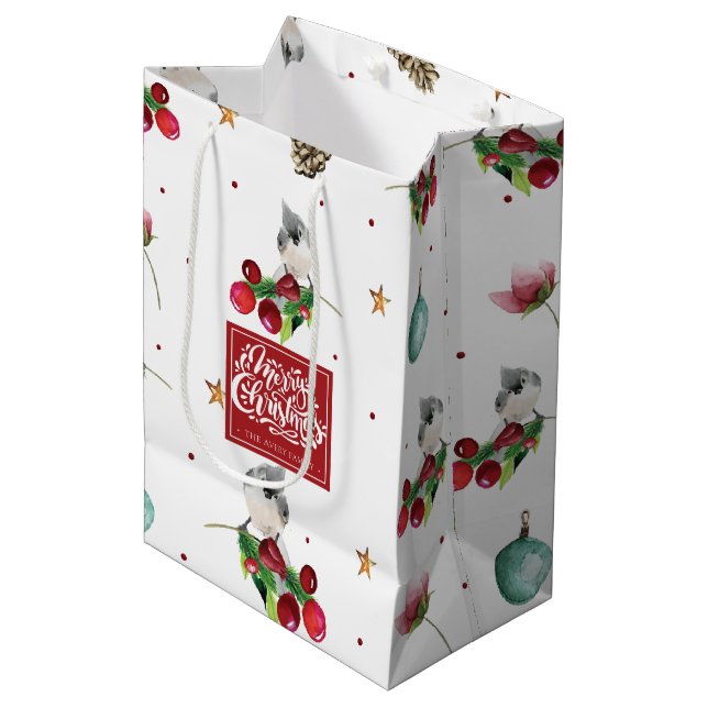 Bolsa De Regalo Mediana Patrón de pájaro de invierno navideño personalizad (Angulo Anverso)