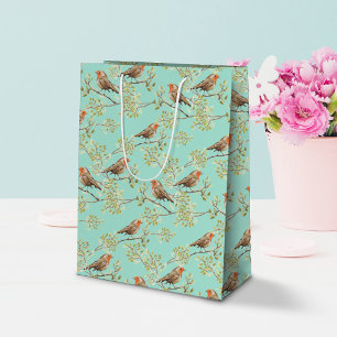 Bolsa De Regalo Mediana Patrón de pájaro Robin europeo pintado de época