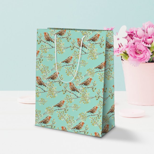 Bolsa De Regalo Mediana Patrón de pájaro Robin europeo pintado de época (Robin Pattern Gift Bag)