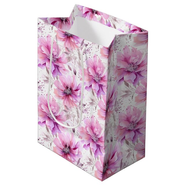 Bolsa De Regalo Mediana Patrón de primavera de las flores rosadas púrpuras (Angulo Anverso)