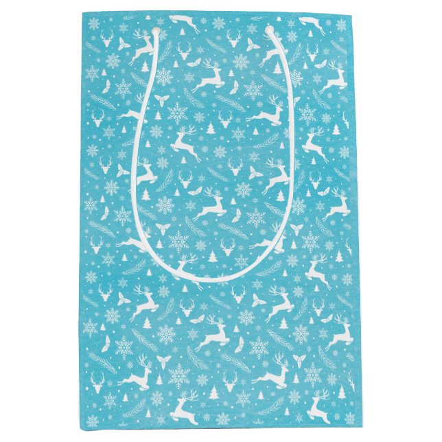 Bolsa De Regalo Mediana Patrón de reno azul Feliz Navidad Copos de nieve (Anverso)