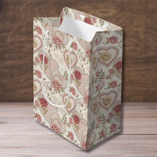 Bolsa De Regalo Mediana Patrón de Rosa de Corazones Rizados Marrón Marfil