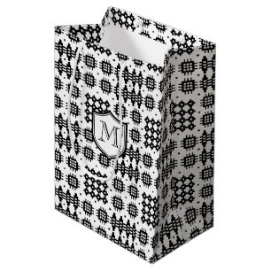Bolsa De Regalo Mediana Patrón de tapiz galés monogramado negro sobre blan