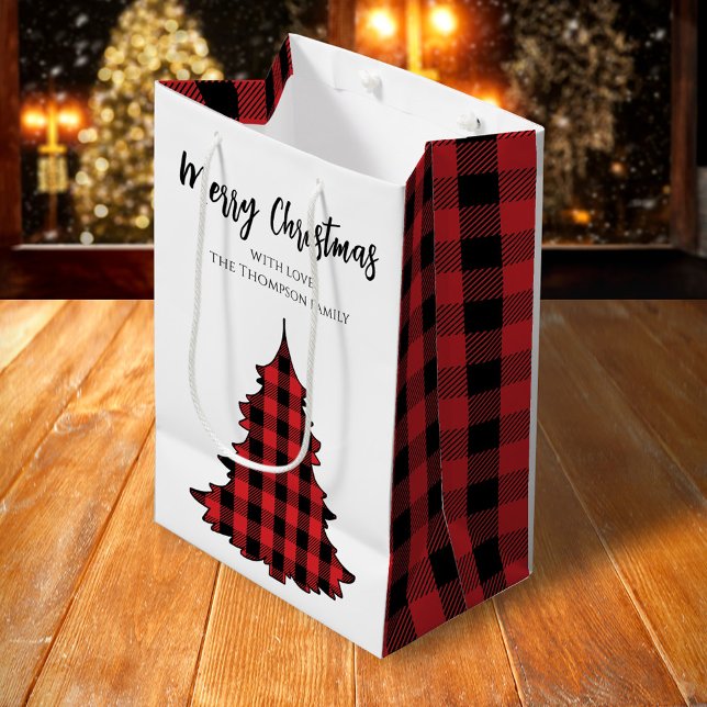 Bolsa De Regalo Mediana Patrón de verificación de búfalo simple del árbol  (Merry Christmas holiday red and black buffalo plaid pattern gift bag)