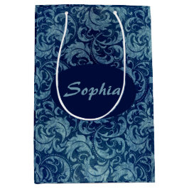 Bolsa De Regalo Mediana Patrón elegante de Damasco Vintage azul