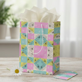Bolsa De Regalo Mediana Patrón floral a cuadros rosa pastel, turquesa y cr