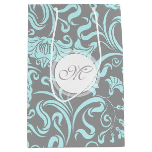 Bolsa De Regalo Mediana Patrón floral azul gris azul Vintage Monograma M R
