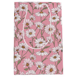 Bolsa De Regalo Mediana Patrón floral blanco de margarita rosa dibujado a 