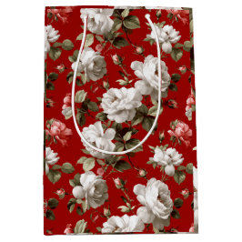 Bolsa De Regalo Mediana Patrón floral blanco de rosa roja clásica