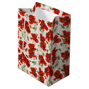 Bolsa De Regalo Mediana Patrón Floral de Amapola Roja Vintage Arte Botánic