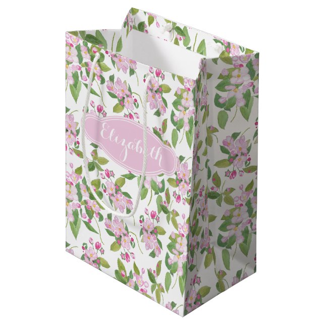 Bolsa De Regalo Mediana Patrón floral de Apple rosa en blanco (Angulo Anverso)