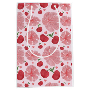 Bolsa De Regalo Mediana Patrón floral de cereza en acuarela, cerezas linda