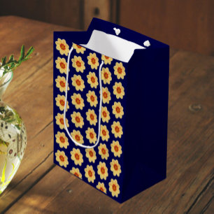Bolsa De Regalo Mediana Patrón floral de Dahlia amarillo en azul
