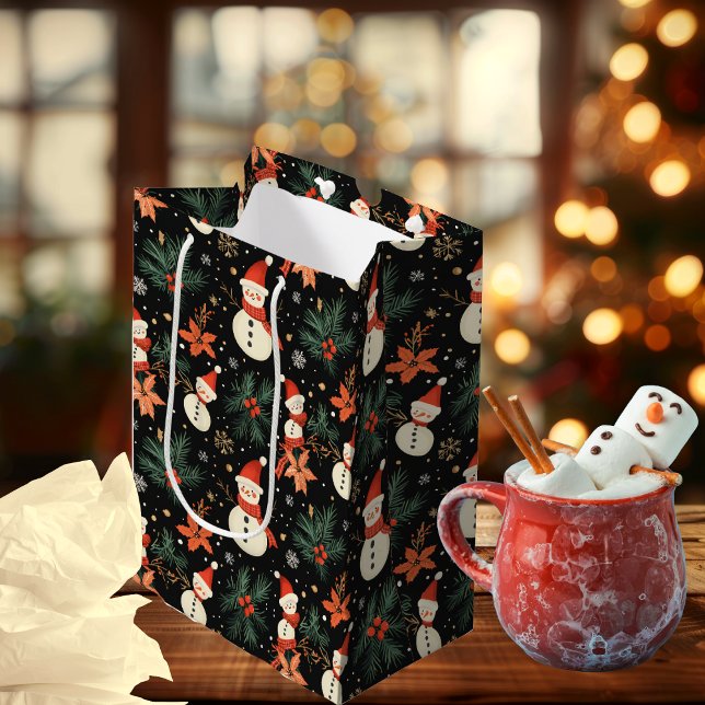 Bolsa De Regalo Mediana Patrón floral de invierno de vacaciones de inviern (Cute Christmas Winter Holiday Snowman Poinsettia, Pine and Berries Floral Pattern Gift Bag)