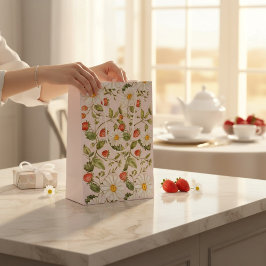 Bolsa De Regalo Mediana Patrón floral de margarita y fresa Rosa Claro Botá