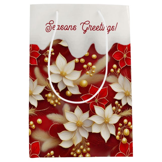 Bolsa De Regalo Mediana Patrón floral de Navidades blancos rojos #17 ID100 (Anverso)