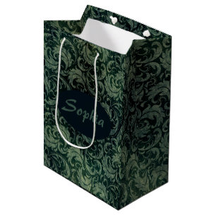 Bolsa De Regalo Mediana Patrón floral elegante adamascado verde
