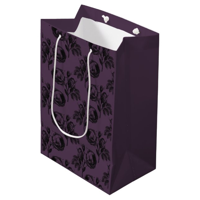 Bolsa De Regalo Mediana Patrón floral gótico morado y negro Halloween (Angulo Anverso)