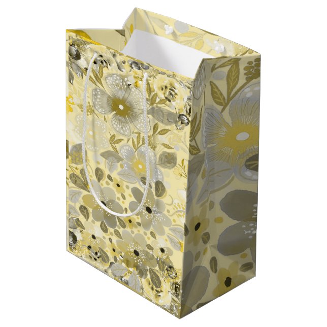 Bolsa De Regalo Mediana Patrón floral verde y amarillo (Angulo reverso)