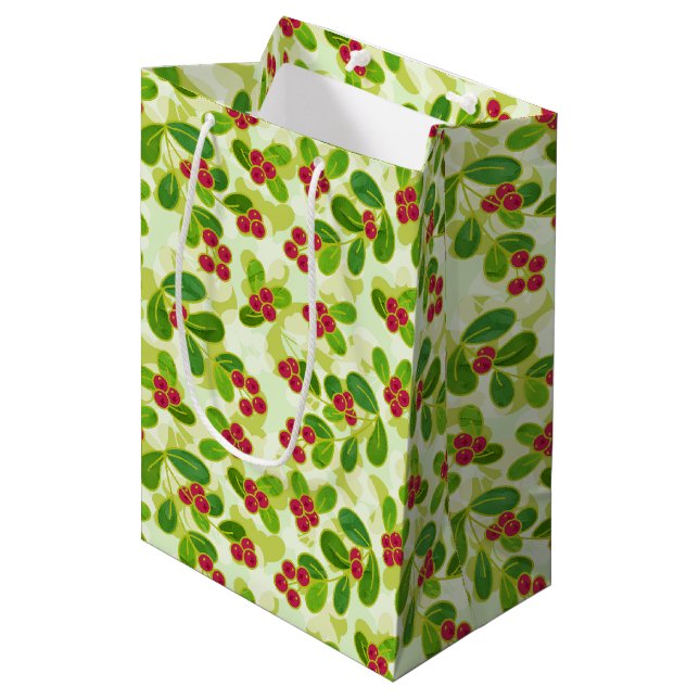 Bolsa De Regalo Mediana Patrón Fruta de Cranberry Festial, Verde (Angulo Anverso)
