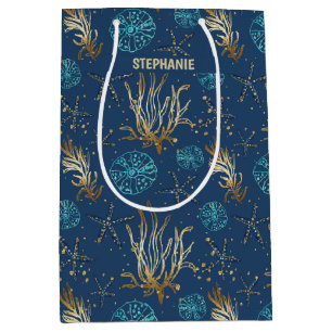 Bolsa De Regalo Mediana Patrón Golden Starfish & Coral Reef en azul