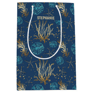Bolsa De Regalo Mediana Patrón Golden Starfish & Coral Reef en azul