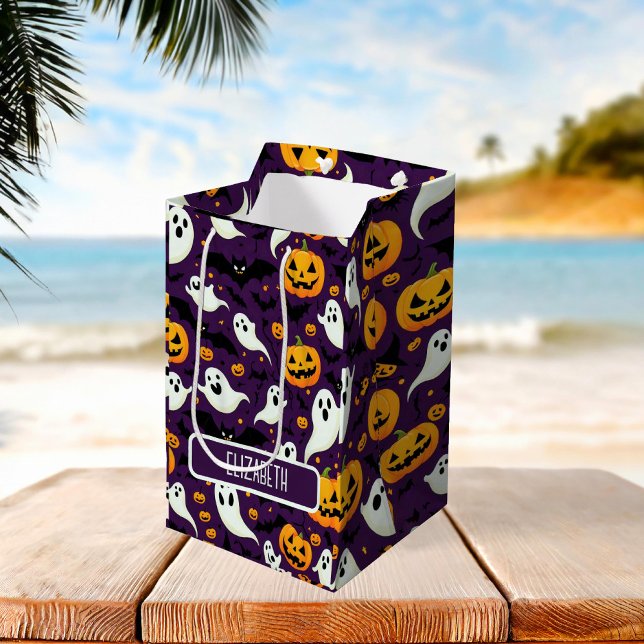 Bolsa De Regalo Mediana Patrón Halloween Bats Calabaza Vándalo Fiesta (Halloween Pattern Bats Pumpkin Ghost Candy Party Medium Gift Bag)