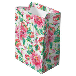 Bolsa De Regalo Mediana Patrón moderno de flores negras rosadas brillantes