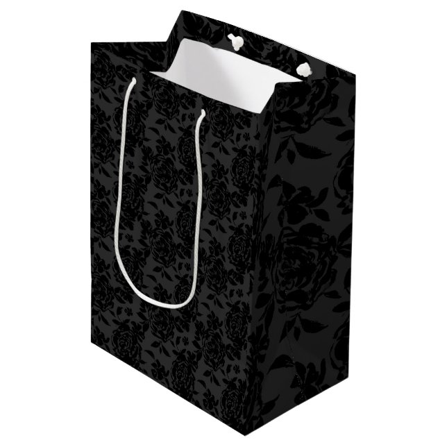 Bolsa De Regalo Mediana Patrón negro oscuro de Rosas de Moda (Angulo Anverso)