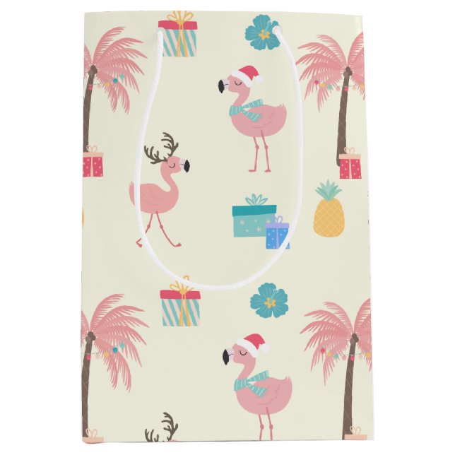 Bolsa De Regalo Mediana Patrón Santa Flamingo Diversión Navidades Tropical (Anverso)