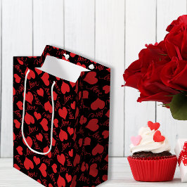 Bolsa De Regalo Mediana Patrones románticos de corazón rojo y negro