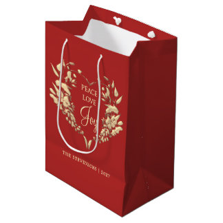 Bolsa De Regalo Mediana Paz Amor Alegría Navidad Personalizada Roja Dorada