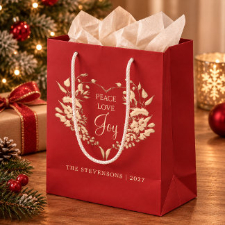 Bolsa De Regalo Mediana Paz Amor Alegría Navidad Personalizada Roja Dorada
