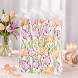 Bolsa De Regalo Mediana Peach Purple Tulip Pattern Elegant Spring Floral