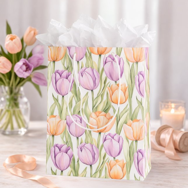 Bolsa De Regalo Mediana Peach Purple Tulip Pattern Elegant Spring Floral (Subido por el creador)