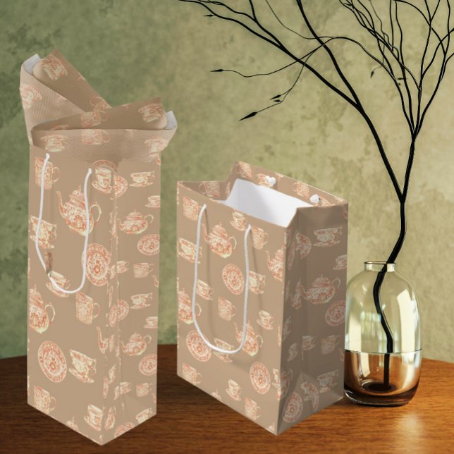 Bolsa De Regalo Mediana  Peach White Ecru Chinoiserie Teapots Cups (Peach chinoiserie dishes on ecru background)