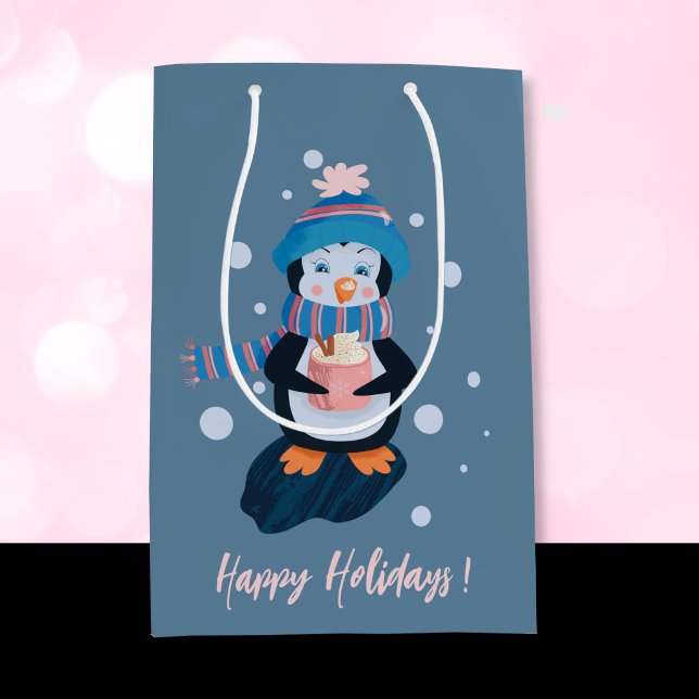 Bolsa De Regalo Mediana Penguin with Hot Cocoa Blue Holiday Gift Bag (Subido por el creador)