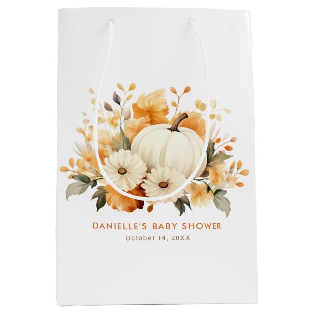 Bolsa De Regalo Mediana Pequeño Pumpkin Floral Boho Botánico Baby Shower (Anverso)