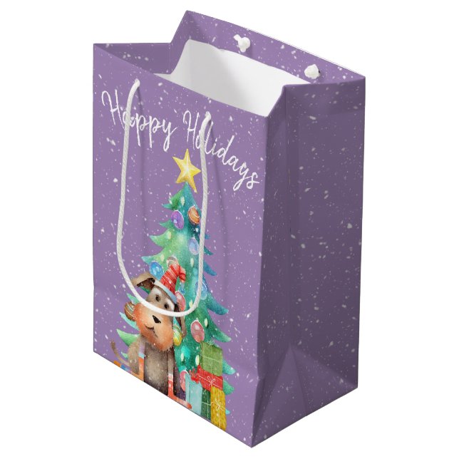 Bolsa De Regalo Mediana Perro acuarela y árbol de Navidad (Angulo Anverso)